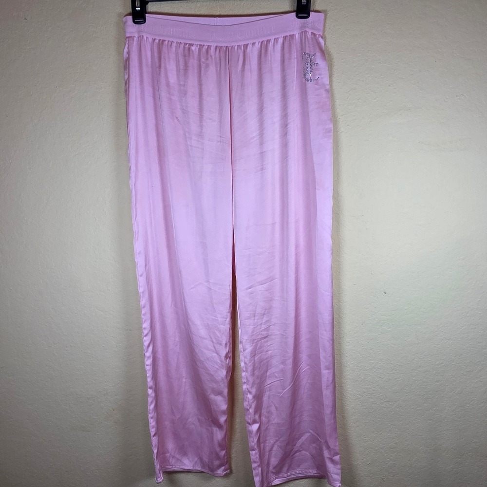 Juicy Couture Pink Satin Sleepwear Pants Rhinestone Logo Wide Leg Size M lounge